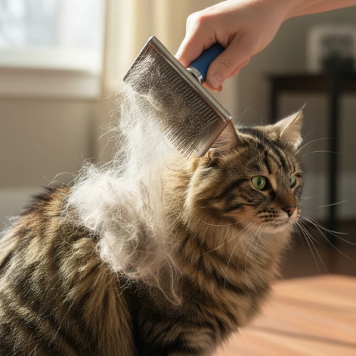 Grooming a Siberian cat with slicker brush showing thick triple coat