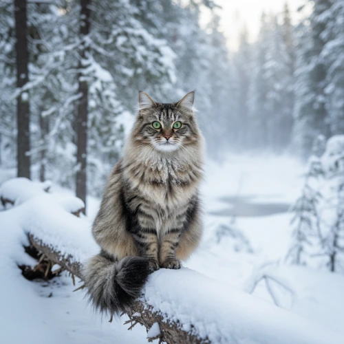 Siberian cat in natural forest environment showing cold climate adaptation