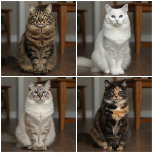 Different Siberian cat coat colors and patterns including tabby and colorpoint